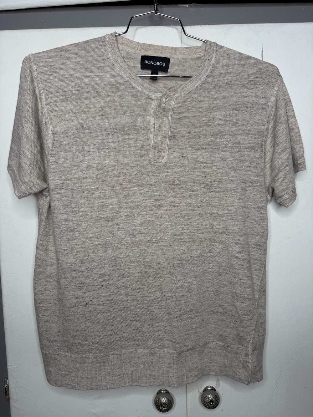 Bonobos Mens Slim Fit 100% Linen Henley Heather Beige Short Sleeve Size Large